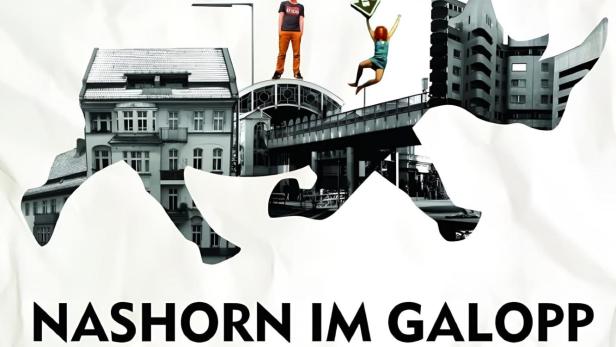 Filmposter für „Nashorn im Galopp“ mit Personen auf Gebäuden vor einem zerrissenen Hintergrund.