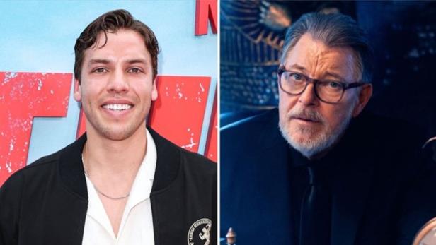 Joseph Baena lächelt auf dem roten Teppich und Jonathan Frakes schaut in "X-Factor" in die Kamera.