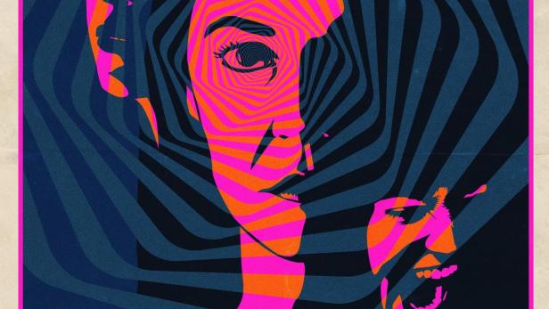 Das psychedelische Filmplakat für „Do Not Disturb“ zeigt stilisierte Gesichter in Pink, Orange und Blau.