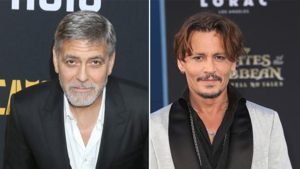 Ein Doppelporträt von George Clooney und Johnny Depp auf einer Veranstaltung.