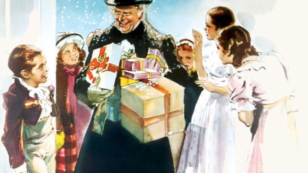 Illustration des Filmplakats für „A Christmas Carol“ mit Ebenezer Scrooge, der Geschenke bringt.