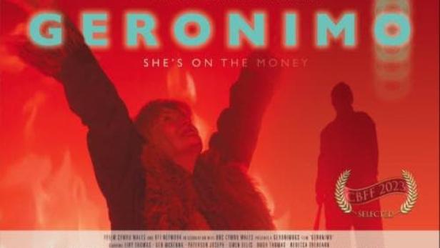 Das Filmplakat für „Geronimo“ zeigt eine Person mit erhobenen Armen vor rotem Hintergrund.