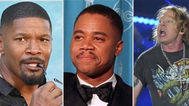 Jamie Foxx (v.l.), Cuba Gooding Jr. und Guns N' Roses-Frontmann Axl Rose sind einige der prominenten Männer, gegen die in New York Klagen eingereicht wurden.