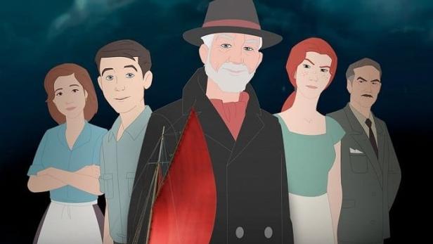 Das Filmplakat für „Pirate's Passage“ zeigt eine animierte Familie und ein Segelboot auf stürmischer See.