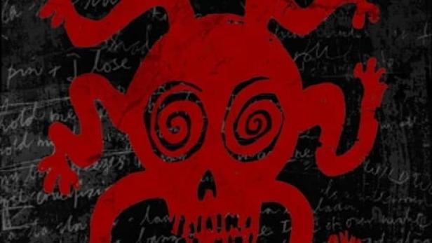 Das Filmplakat für „Mutiny in Heaven: The Birthday Party“ zeigt ein rotes, skelettartiges Monster.