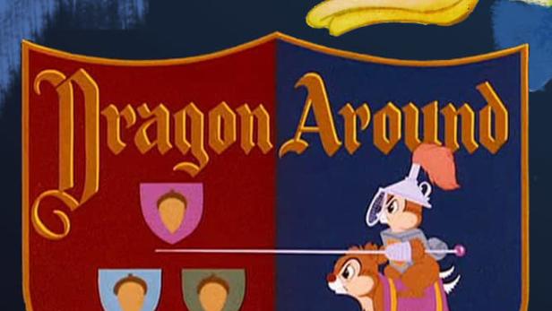 Das Filmplakat für Walt Disneys „Dragon Around“ mit Donald Duck und Chip und Chap als Ritter.