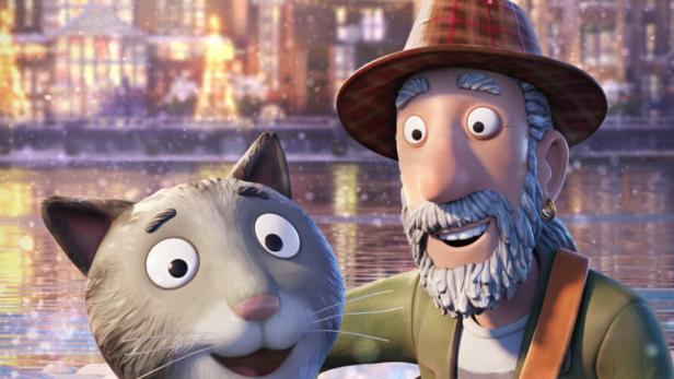 Ein animierter Mann mit Hut spielt Gitarre neben der animierten Katze Tabby McTat.