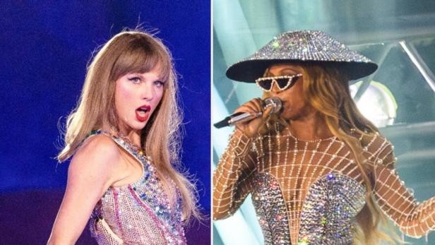 Ein Doppelporträt von Taylor Swift und Beyoncé während ihrer jeweiligen Auftritte.