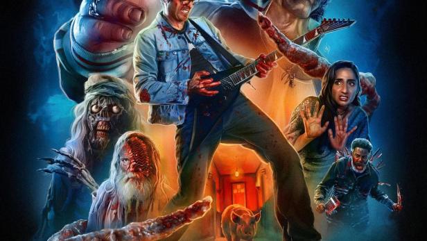 Das Filmplakat für „Destroy All Neighbors“ zeigt eine Gruppe blutiger Personen und Monster.