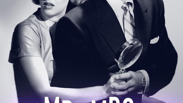 Ein Schwarzweiß-Poster für „Mr. and Mrs. North“ mit einem Paar, wobei der Mann eine Lupe hält.