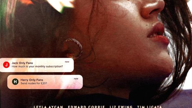 Das Filmplakat für „Moving“ zeigt das Gesicht einer jungen Frau und Chatnachrichten über ein OnlyFans-Abonnement.