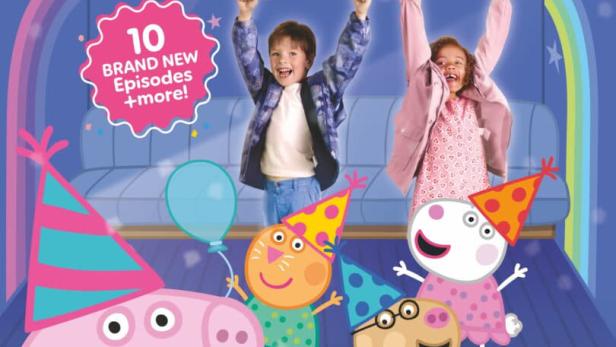 Werbeplakat für „Peppa Pig Cinema Party“ mit Peppa Wutz und anderen Figuren.