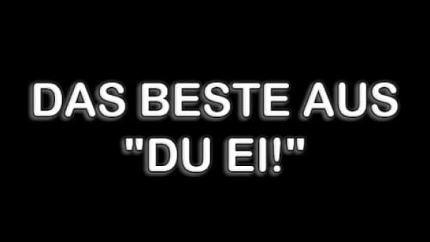 Leuchtender Schriftzug auf schwarzem Hintergrund: Das Beste aus „Du Ei!“.