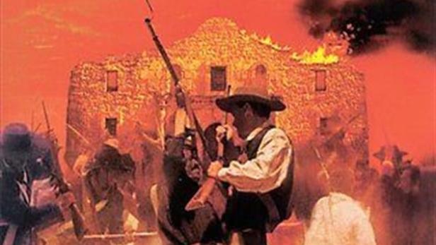 Das Cover von James A. Micheners „Texas“ zeigt eine Schlacht vor einem brennenden Gebäude.