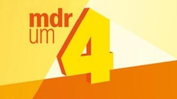 Das Logo der Sendung „MDR um 4“ in Gelb- und Orangetönen.