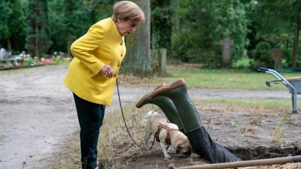 Fortsetzung für "Miss Merkel": Angela (Katharina Thalbach) und Mops Helmut finden eine Leiche in einem Grab.