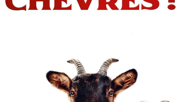Das Filmplakat für „Les Chèvres!“ zeigt eine Ziege zwischen zwei Menschen, die über eine Holzwand schauen.