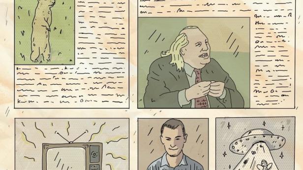 Eine satirische Zeitungsseite mit verschiedenen Comic-artigen Illustrationen.