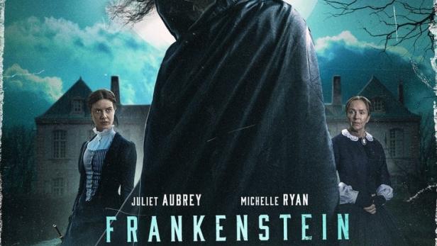 Das Filmplakat für „Frankenstein Legacy“ zeigt eine unheimliche Gestalt vor einem Schloss im Mondschein.
