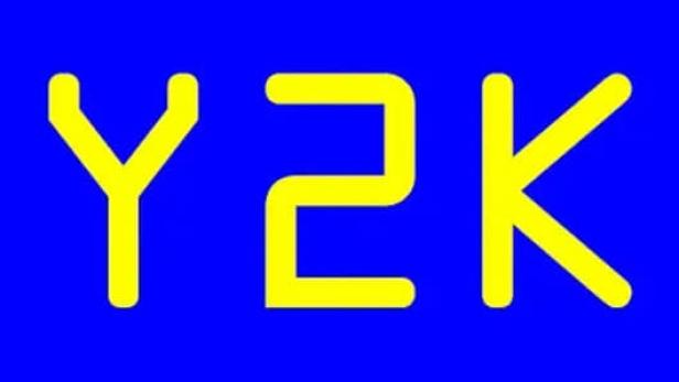 Gelbe stilisierte Buchstaben „Y2K“ auf blauem Hintergrund.