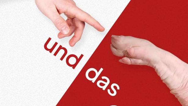 Das Cover für „Wir und das Tier: Ein Schlachthausmelodram“ zeigt zwei Hände vor einem rot-weißen Hintergrund.