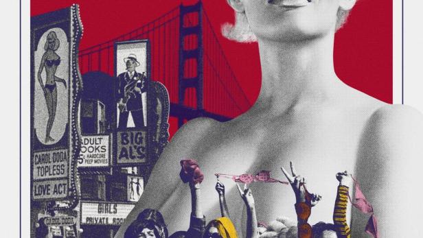 Das Filmplakat für „Carol Doda Topless at the Condor“ zeigt die Künstlerin und Protestierende vor der Golden Gate Bridge.