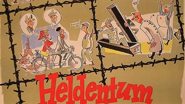 Das Plakat für „Heldentum nach Ladenschluss“ zeigt eine satirische Darstellung hinter Stacheldraht.