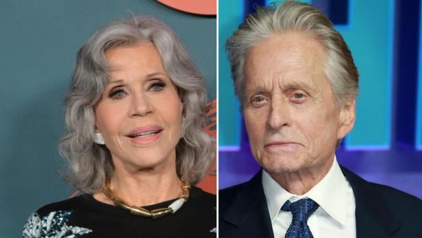 Ein Porträt von Jane Fonda und Michael Douglas nebeneinander.