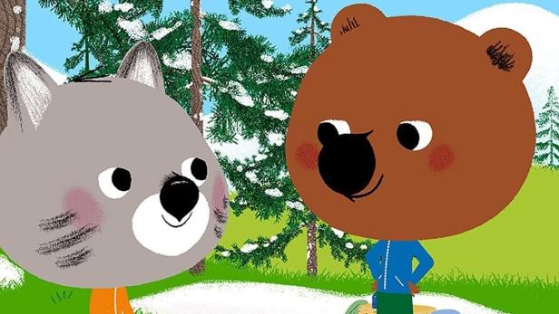 Ein Bär und ein Wolf machen ein Picknick im Schnee.