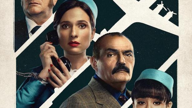 Das Poster für die Netflix-Serie „Entführung von Flug 601“ zeigt Pilot, Stewardessen und einen Entführer.
