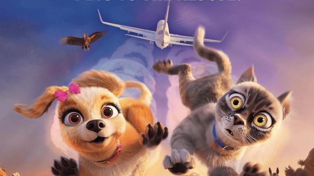 Das Filmplakat für „Gracie and Pedro: Pets to the Rescue!“ zeigt eine Katze, einen Hund und andere Tiere vor einem Flugzeug.
