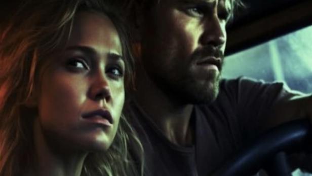 Ein Mann und eine Frau sitzen angespannt in einem Auto; Filmposter für „Savage“.