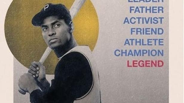 Das Filmplakat für „Clemente“ zeigt einen Baseballspieler mit Schläger vor einem goldenen Kreis.