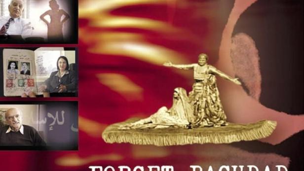 Das Filmplakat für „Forget Baghdad“ zeigt Szenen aus dem Film und den Titel in Englisch, Arabisch und Hebräisch.