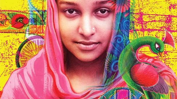Das farbenfrohe Filmplakat für „Rickshaw Girl“ zeigt ein junges Mädchen mit Kopftuch.