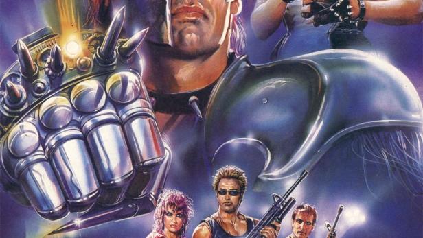 Das Filmplakat für „Future Kill“ zeigt bewaffnete Charaktere in einer dystopischen Zukunft.