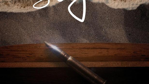 Das Filmplakat für „The Surfer“ zeigt eine Gewehrpatrone vor einem Strand.