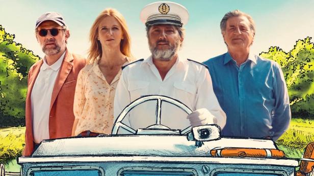 Das Filmplakat für „La Petite Vadrouille“ zeigt vier Personen auf einem Boot.