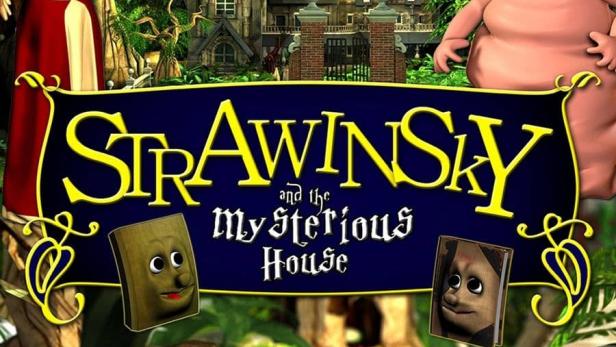 Das Cover des Animationsfilms „Strawinsky und das geheimnisvolle Haus“ mit verschiedenen Charakteren.