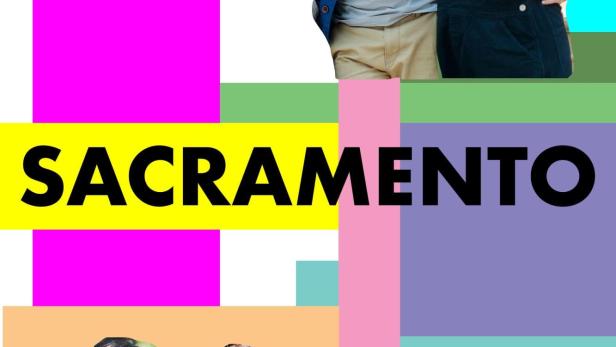 Das Filmplakat für „Sacramento“ zeigt zwei Paare vor einem farbenfrohen, abstrakten Hintergrund.