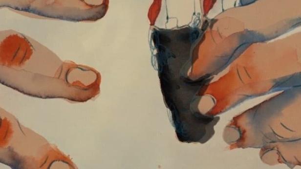 Das Filmplakat für „Percebes“ zeigt Hände, die Percebes aus einem Felsen lösen.