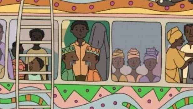 Ein farbenfroher Bus ist mit Menschen und Gepäck beladen.