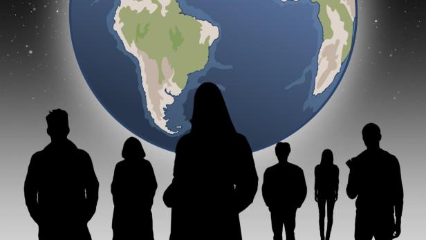 Silhouetten von Menschen vor einer Weltkugel mit dem Wort „Orangutan“ darüber.