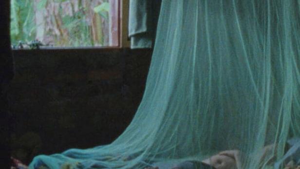 Ein Kind schläft unter einem Moskitonetz in einem dunklen Raum.