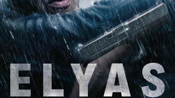 Ein Mann und ein junges Mädchen stehen im Regen, der Mann hält eine Waffe; Filmposter „Elyas“.