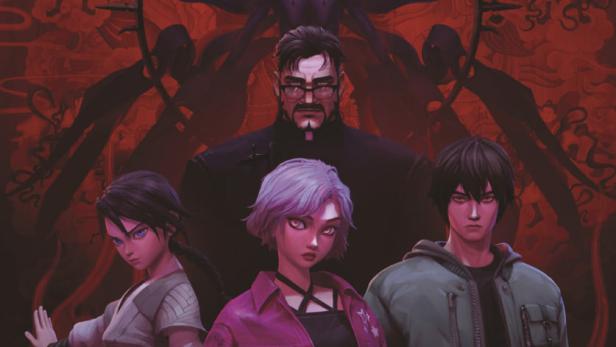 Das Poster für „Exorcism Chronicles: The Beginning“ zeigt eine Gruppe von Leuten vor einem roten, dämonischen Hintergrund.