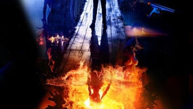 Das Filmplakat für „Морена“ zeigt eine dunkle Gestalt auf einer Brücke, gespiegelt in Flammen.