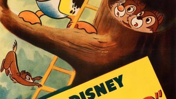 Das Filmplakat für Walt Disneys „Donald Duck in „Out on a Limb““ zeigt Donald beim Sägen an einem Baum, in dem Chip und Chap wohnen.