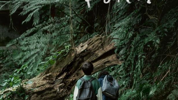 Zwei Kinder mit Rucksäcken wandern in dem Filmplakat zu „Boy in The Secret Forest“ durch einen dichten Wald.