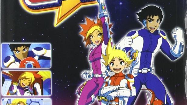 Das Cover der ersten Staffel von „Team Galaxy“ zeigt die drei Hauptfiguren und ein Roboterhaustier.